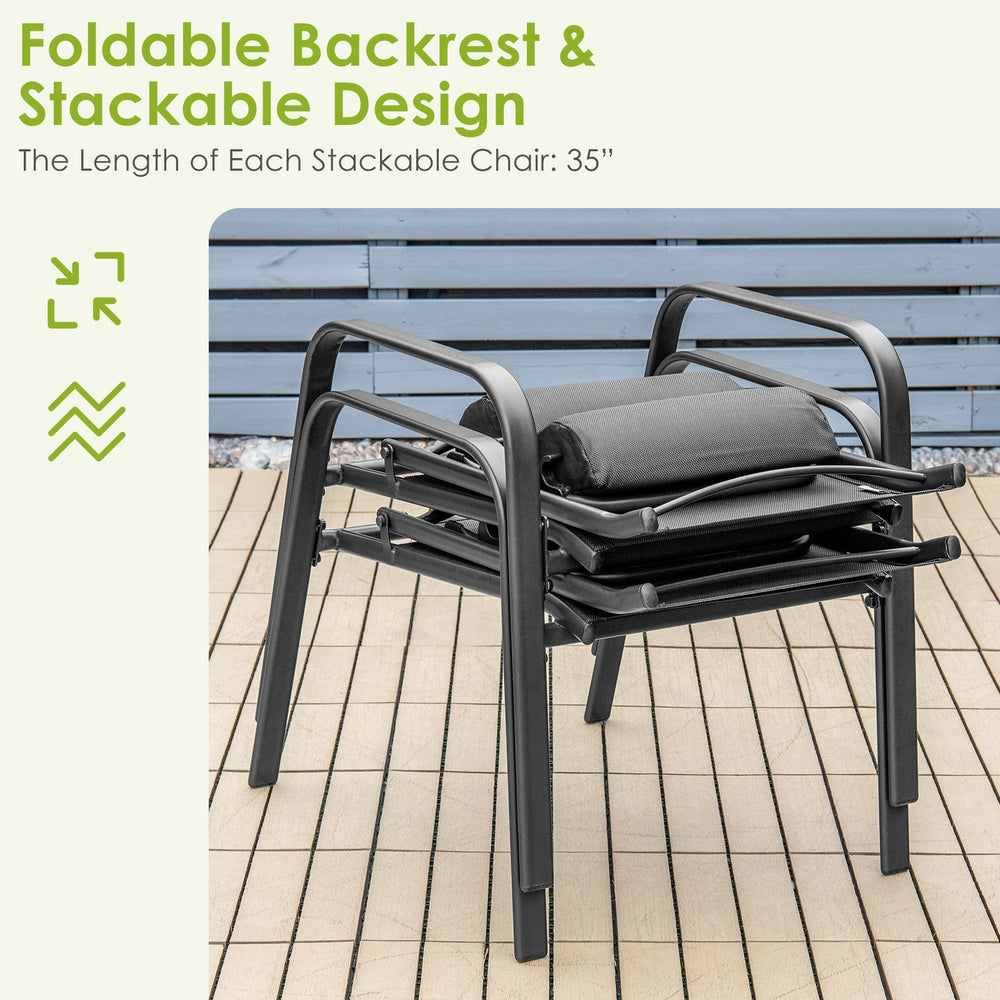Stacked patio chairs with adjustable backrests, featuring a black steel frame and quick-drying fabric for outdoor use.