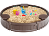 Round brown sandbox with built-in corner seats, dust-proof cover, and colorful toys for outdoor play and creativity.