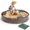 Round brown sandbox with built-in corner seats, dust-proof cover, and smooth edges for kids' outdoor play.