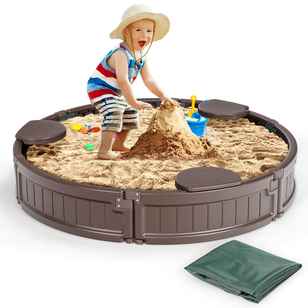 Round brown sandbox with built-in corner seats, dust-proof cover, and smooth edges for kids' outdoor play.
