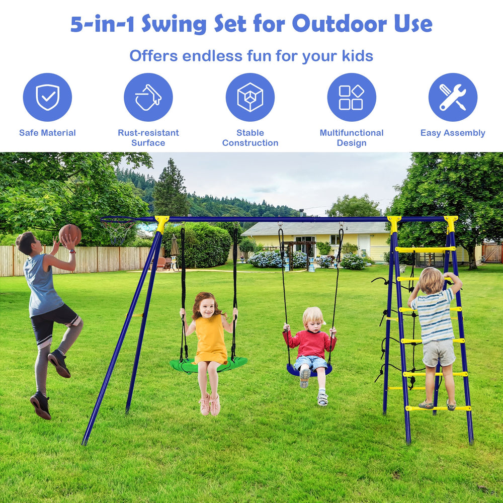 5-in-1 outdoor kids swing set featuring A-shaped metal frame, 2 swings, basketball hoop, and climbing net for backyard.