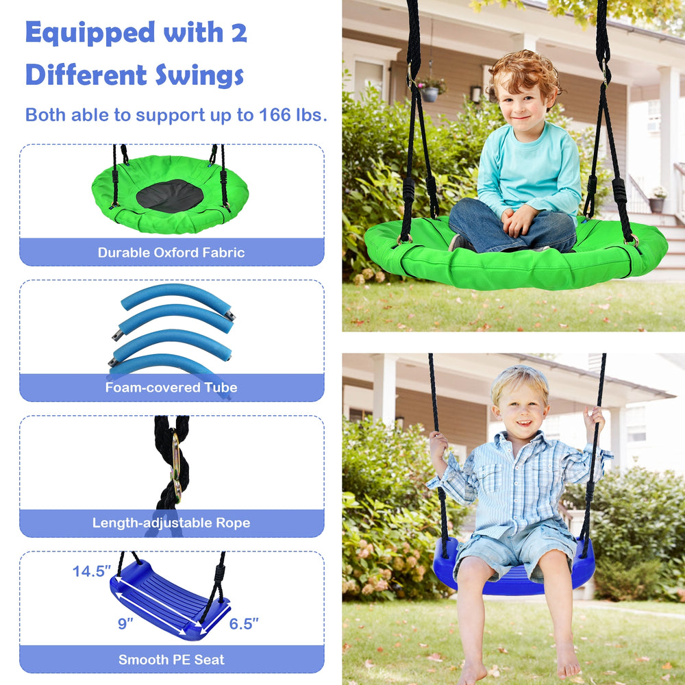 Saucer swing made of weather-resistant oxford fabric, adjustable height, for outdoor fun in the backyard.