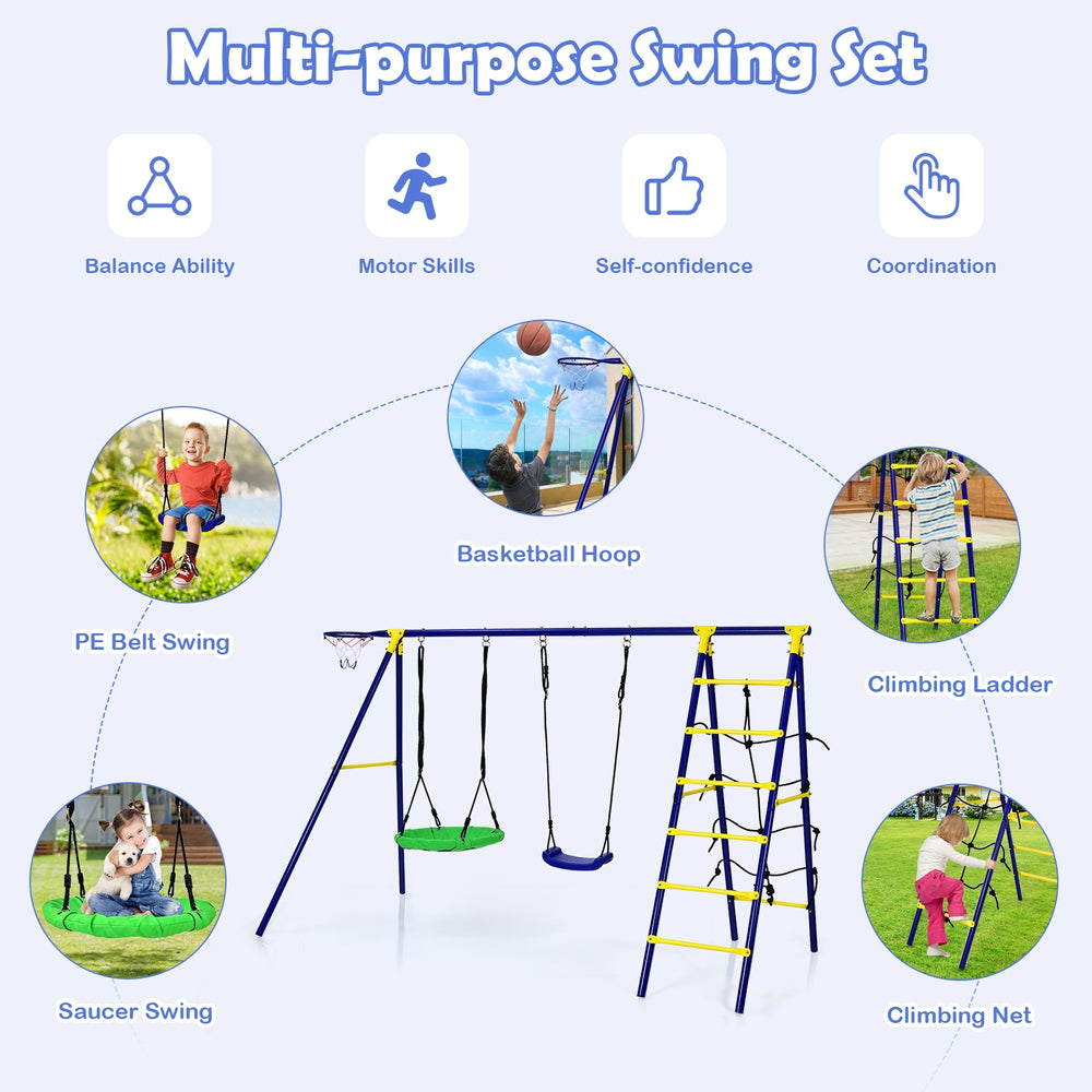 5-in-1 outdoor kids swing set featuring A-shaped metal frame, two swings, basketball hoop, climbing ladder, and net.