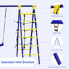 A-shape metal frame of the 5-in-1 outdoor kids swing set with climbing ladder, featuring solid hooks and ground stakes.