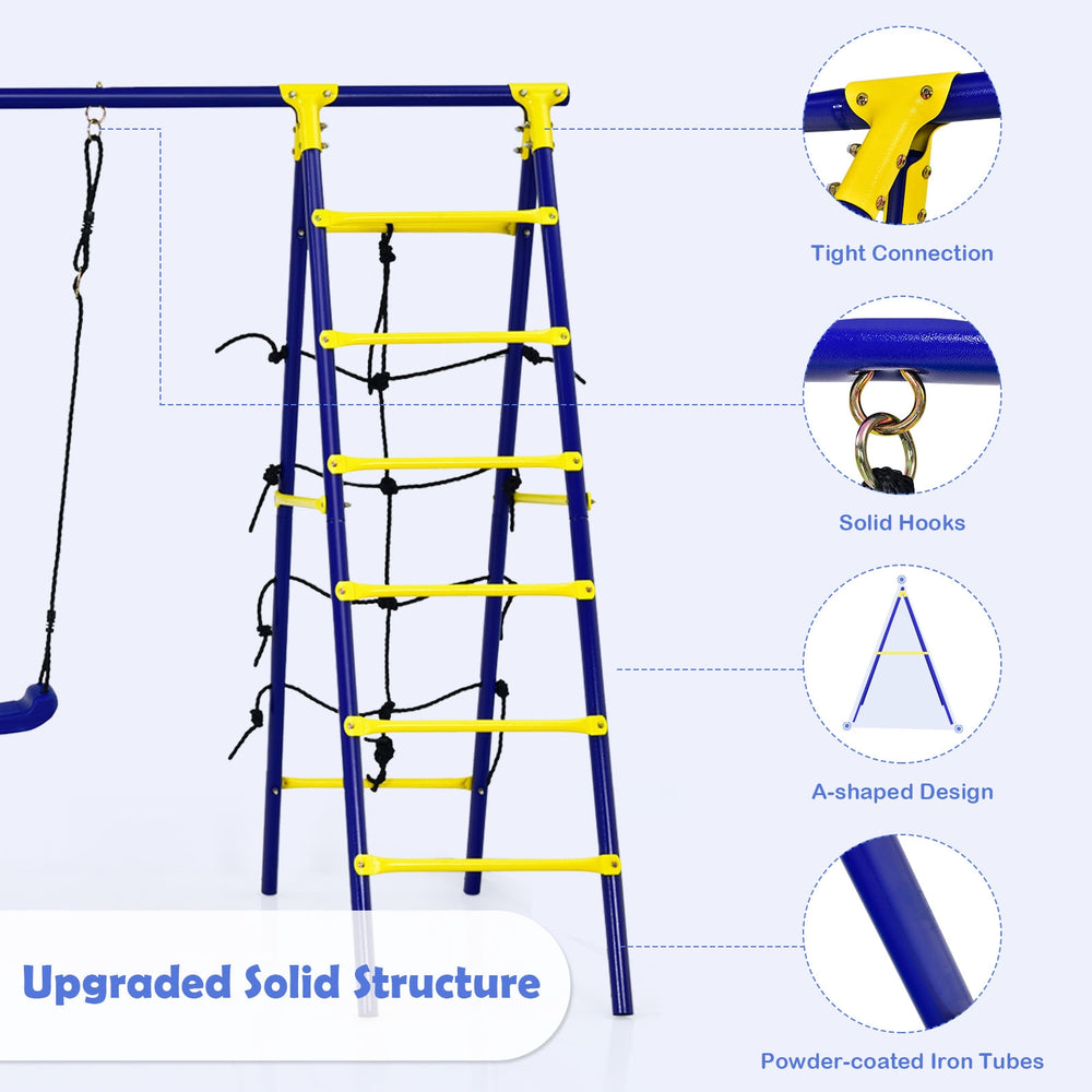A-shape metal frame of the 5-in-1 outdoor kids swing set with climbing ladder, featuring solid hooks and ground stakes.