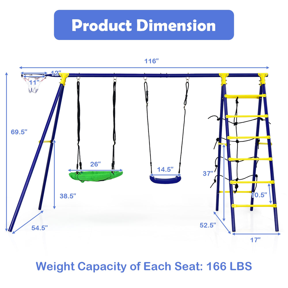 5-in-1 outdoor kids swing set with A-shaped metal frame, featuring 2 swings, basketball hoop, and climbing ladder.