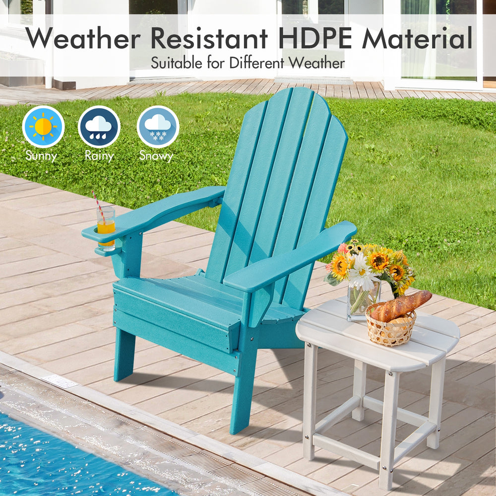 Turquoise foldable patio chair with built-in cup holder, made from weather-resistant PE material, ideal for outdoor.