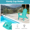 Turquoise foldable patio chair with built-in cup holder, made of fade-resistant PE material for outdoor convenience.