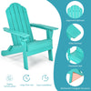 Turquoise foldable patio chair with ergonomic backrest, wide armrests, and built-in cup holder for outdoor comfort.