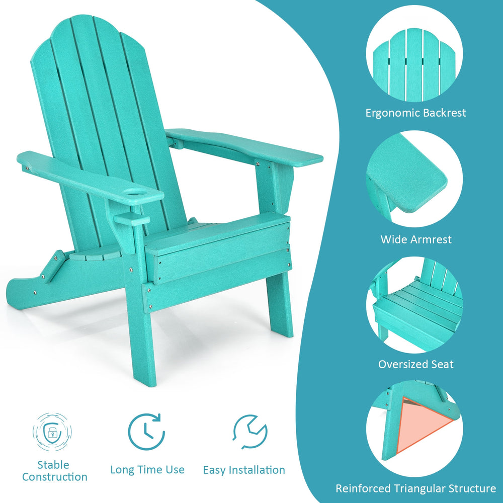 Turquoise foldable patio chair with ergonomic backrest, wide armrests, and built-in cup holder for outdoor comfort.