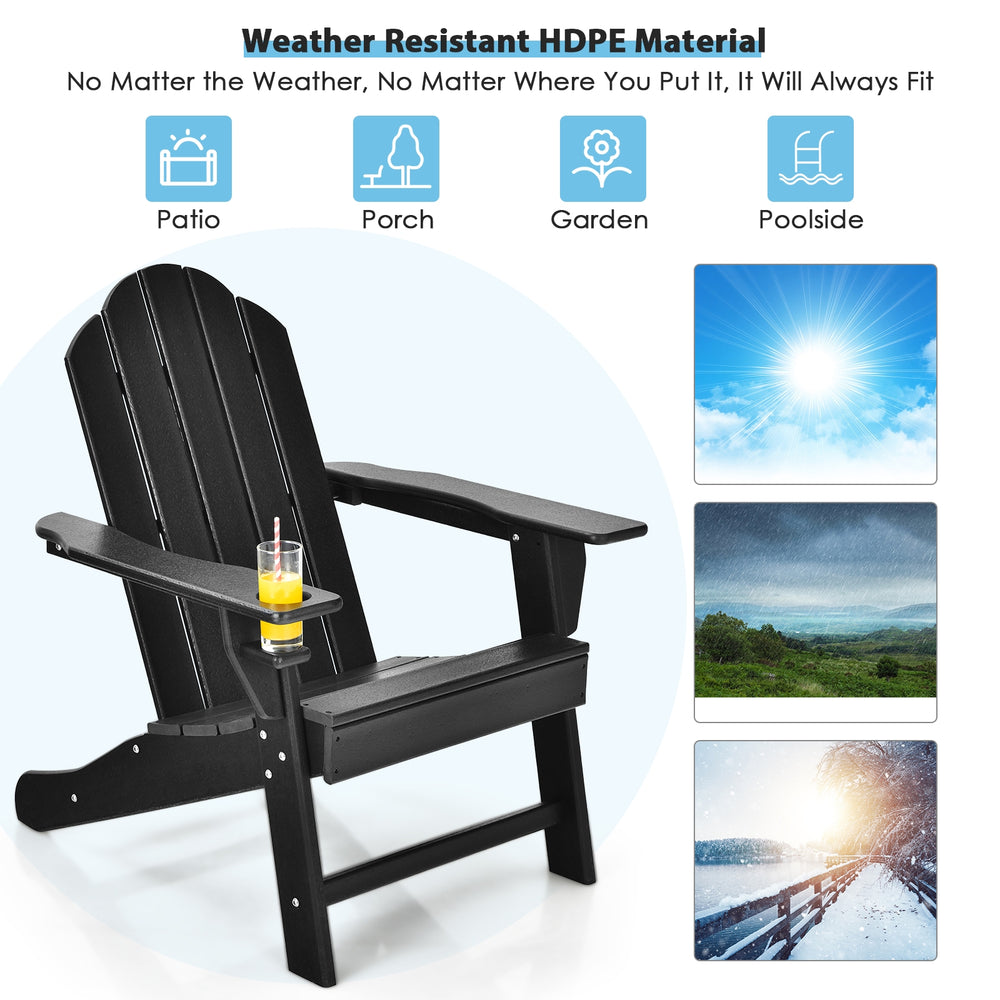 Black outdoor Adirondack chair with built-in cup holder, made of weather-resistant PE material, ideal for patio and.
