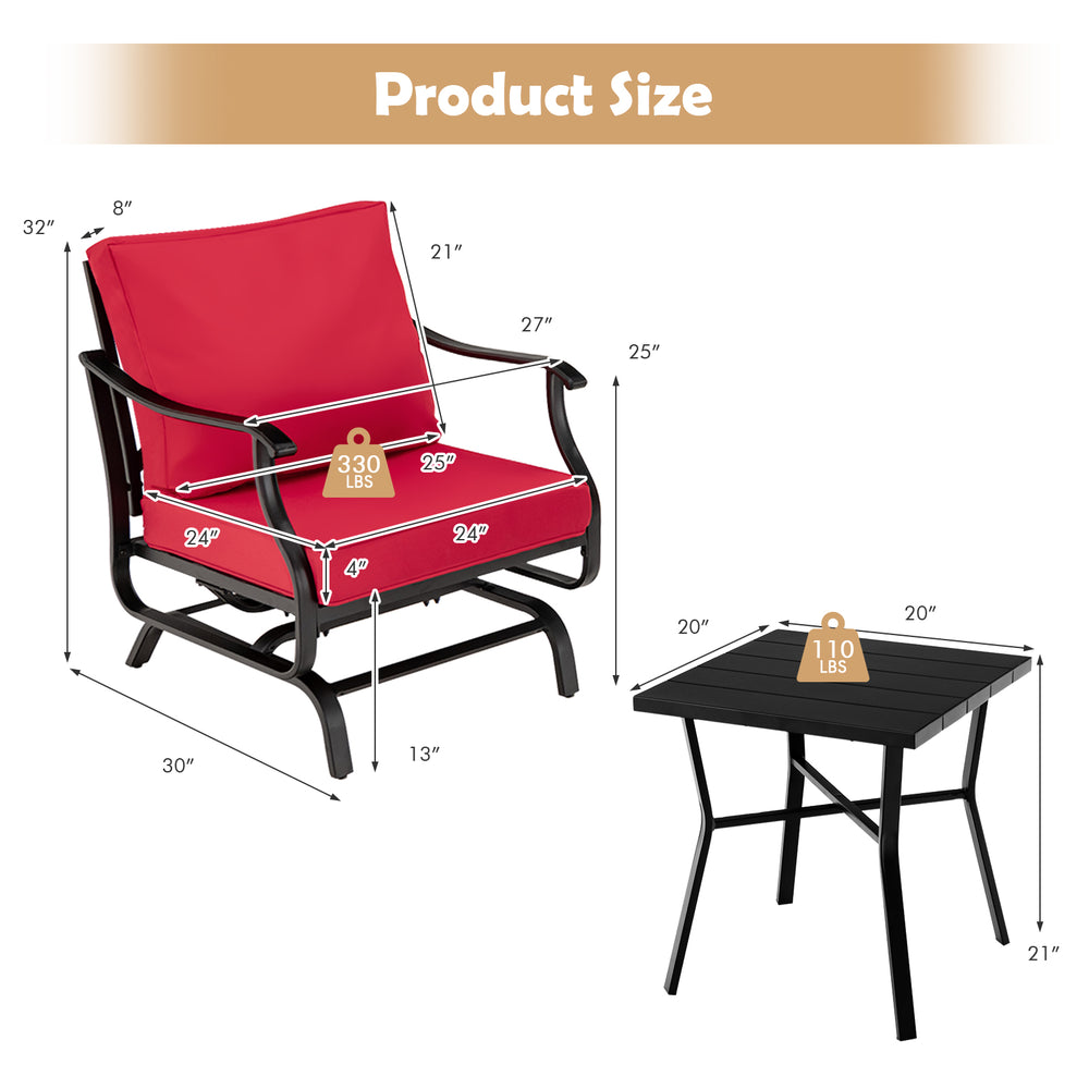 Red ergonomic glider chair with thick cushions and sturdy steel frame, perfect for outdoor relaxation.