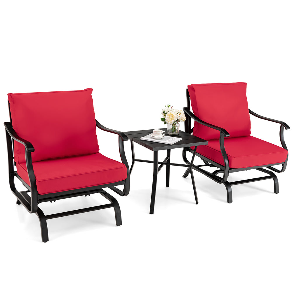 Red 3-piece patio rocking chair set with coffee table, featuring ergonomic glider chairs and soft cushions for outdoor.