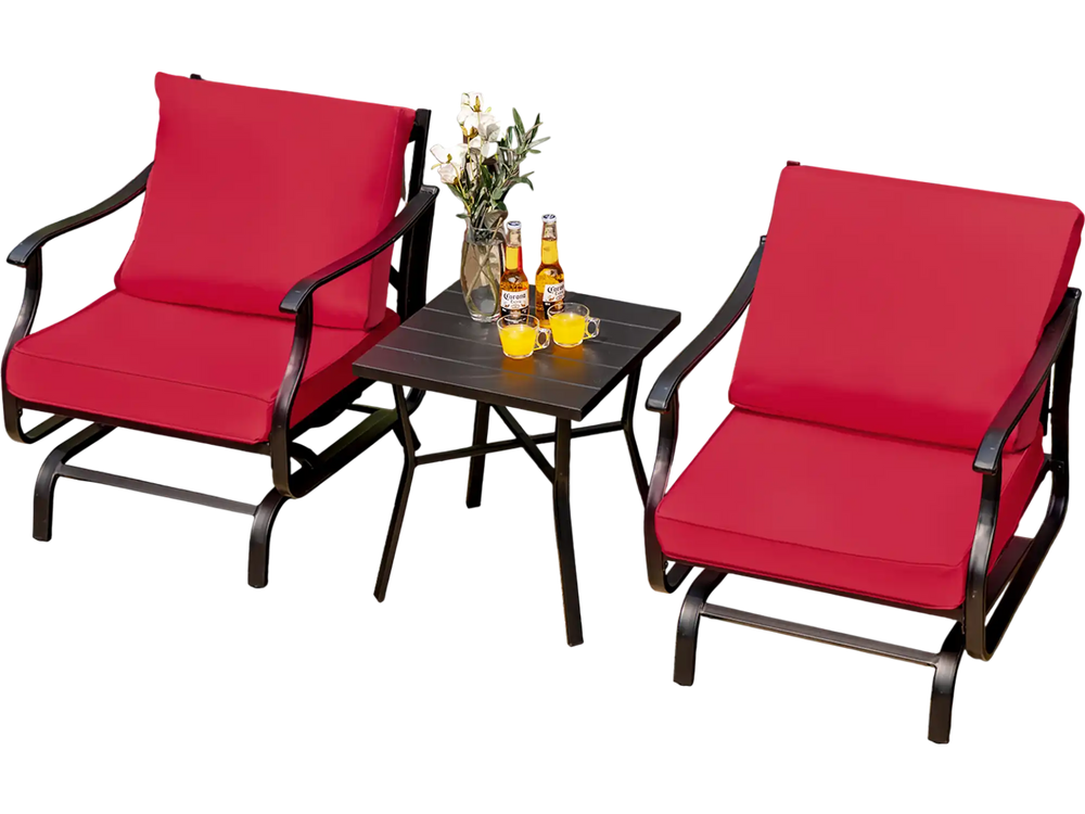 Red 3-piece patio rocking chair set with coffee table, featuring ergonomic design and soft cushions for outdoor.