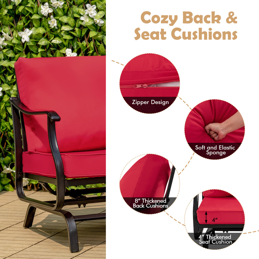 Red patio rocking chair set with thickened cushions, zipper design, and sturdy steel frame for outdoor relaxation.