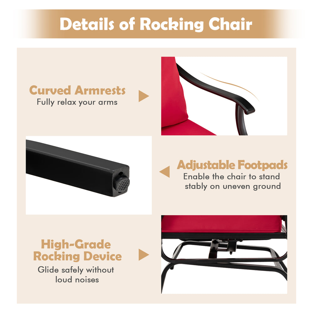 Curved armrests and adjustable footpads of the red patio rocking chair set enhance comfort and stability for outdoor.