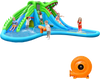 Front view of the inflatable crocodile water slide featuring vibrant colors, double slides, and a splashing pool for.