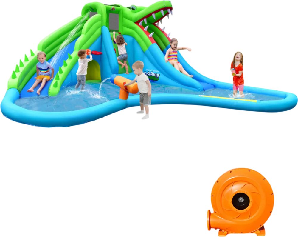 Front view of the inflatable crocodile water slide featuring vibrant colors, double slides, and a splashing pool for.