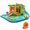 Inflatable water slide park with trampoline, two slides, and splash pool, made of durable oxford cloth for backyard fun.