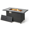 Rattan wicker propane fire pit table with marble top, 52-inch, featuring lava rock and rain cover for outdoor use.
