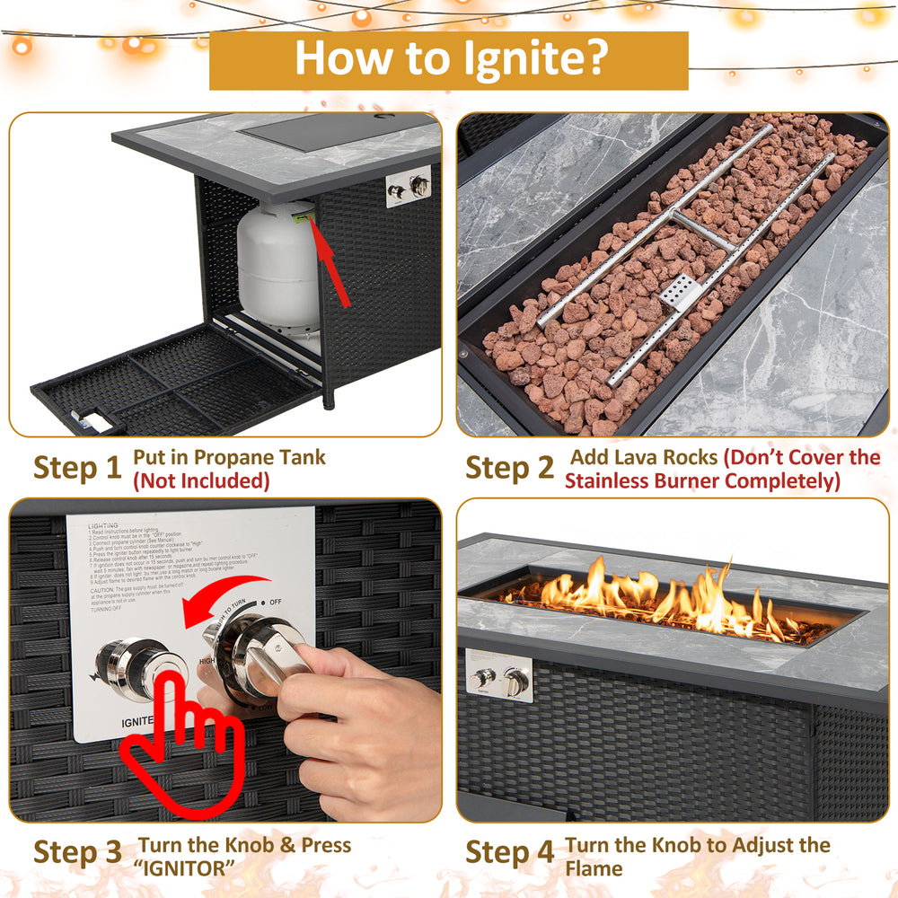 Step-by-step guide for igniting the 52-inch black rattan wicker propane fire pit table with lava rocks.