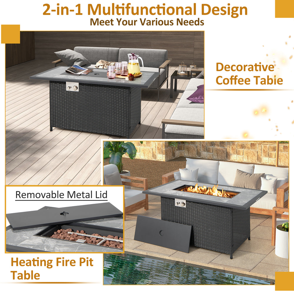 52-inch black rattan wicker propane fire pit table with removable lid, ideal for heating and outdoor storage.