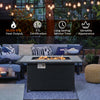 52-inch black rattan wicker propane fire pit table with marble top, 50,000 BTU heat output, ideal for outdoor.