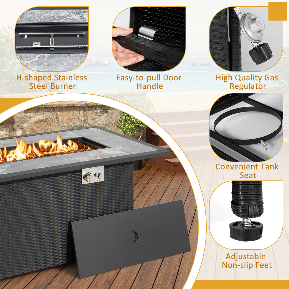 52-inch black rattan wicker propane fire pit table with marble top, featuring adjustable non-slip feet and rain cover.