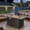 52-inch black rattan wicker propane fire pit table with marble top, featuring flames, perfect for outdoor heating and.