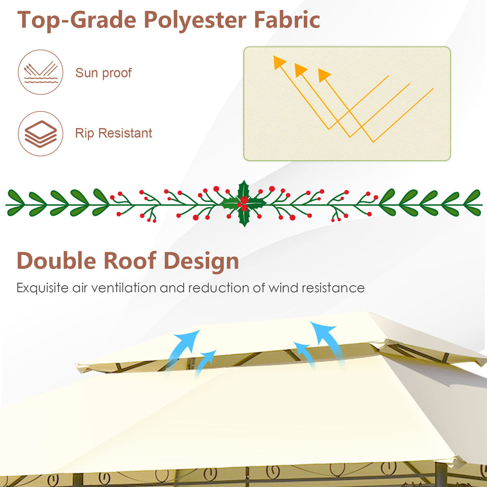 Double roof design of the 10x13 feet beige tent canopy, featuring sunproof polyester fabric for outdoor gatherings.