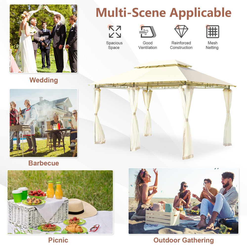 10x13 feet beige tent canopy with removable mesh sidewalls, ideal for outdoor gatherings, weddings, and picnics.