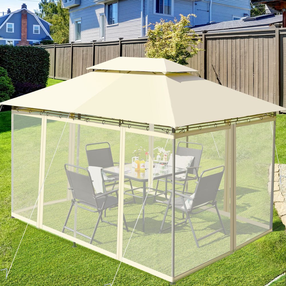 Beige 10x13 feet gazebo with removable mesh sidewalls, perfect for outdoor gatherings and relaxation in your backyard.