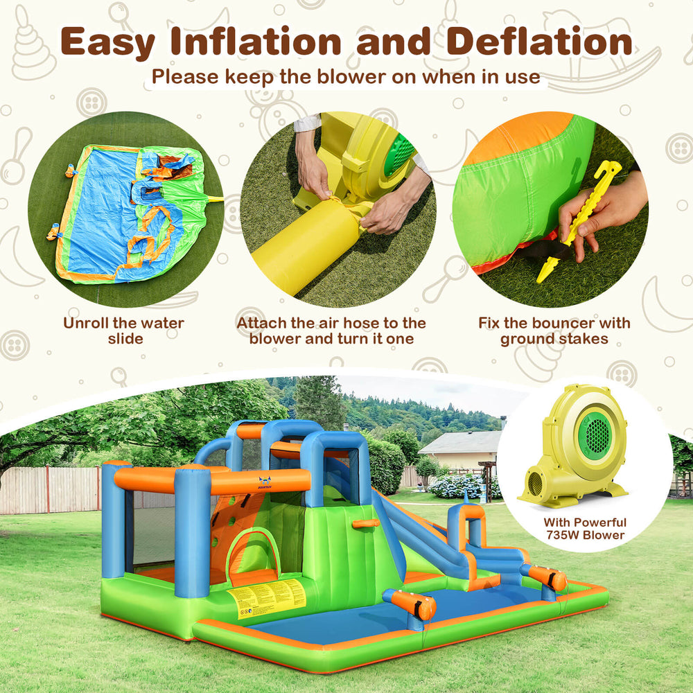 7-in-1 inflatable giant water park bouncer with dual climbing walls and 735W blower for backyard fun and summer.