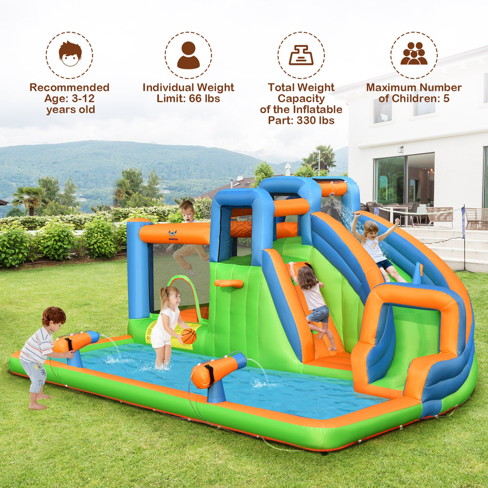 7-in-1 inflatable giant water park bouncer with dual climbing walls, slide, and splash pool for kids' outdoor fun.