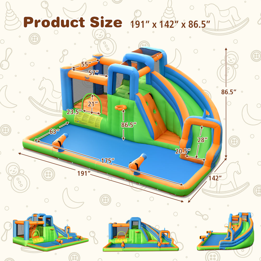 7-in-1 inflatable giant water park bouncer with dual climbing walls, slide, and splash pool for backyard fun.
