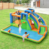 Colorful 7-in-1 inflatable water park with dual climbing walls, slide, and splash pool for kids' outdoor fun.
