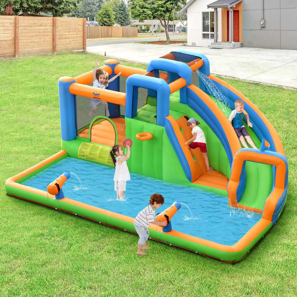 Colorful 7-in-1 inflatable water park with dual climbing walls, slide, and splash pool for kids' outdoor fun.