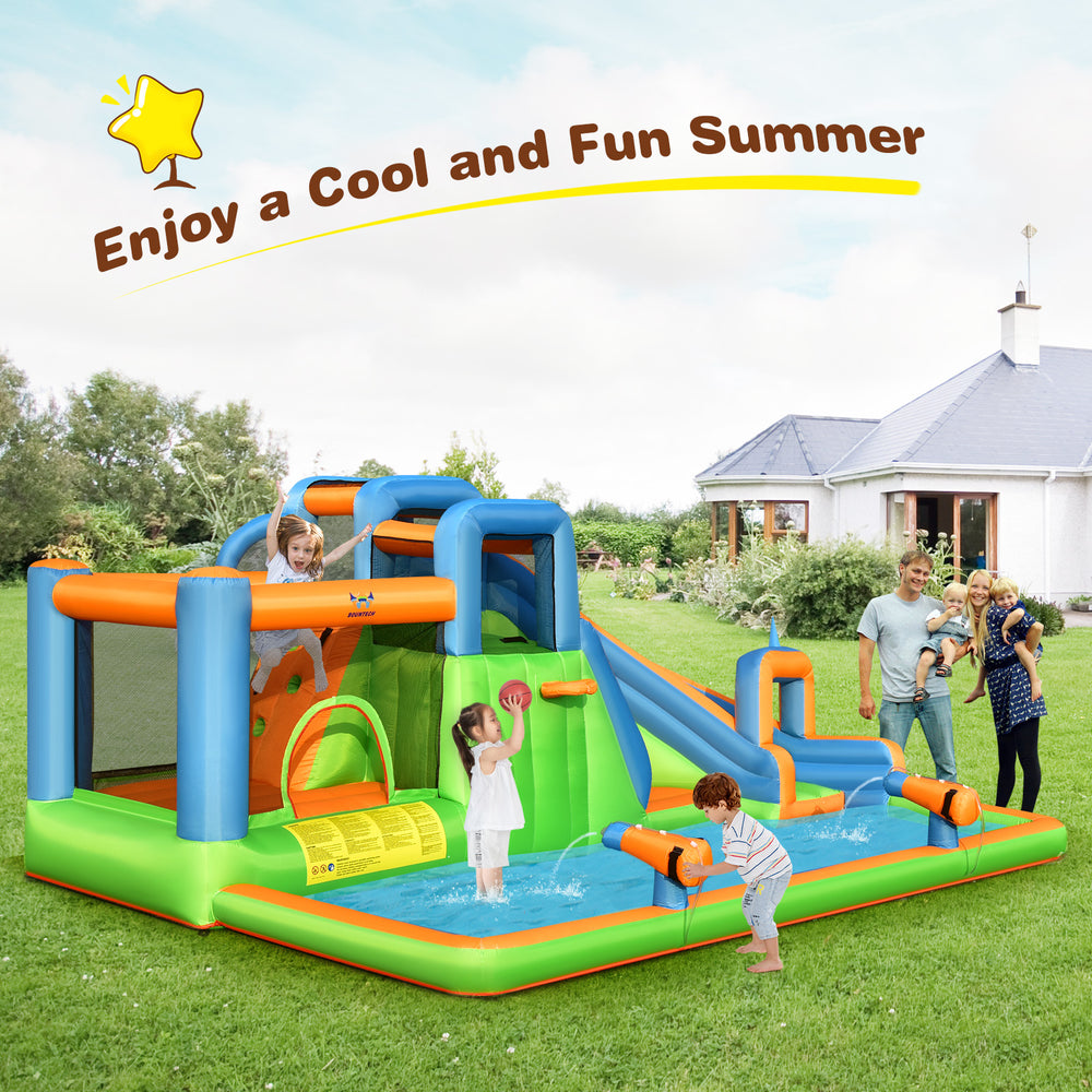Inflatable 7-in-1 water park with dual climbing walls, slide, and splash pool for kids' summer fun in the backyard.