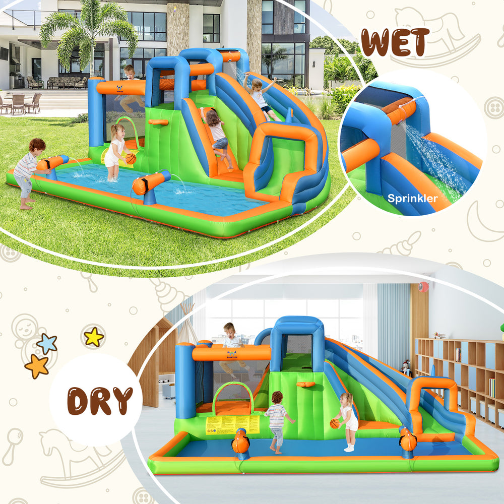 Inflatable giant water park bouncer with dual climbing walls, slide, and splash pool for outdoor fun and summer play.