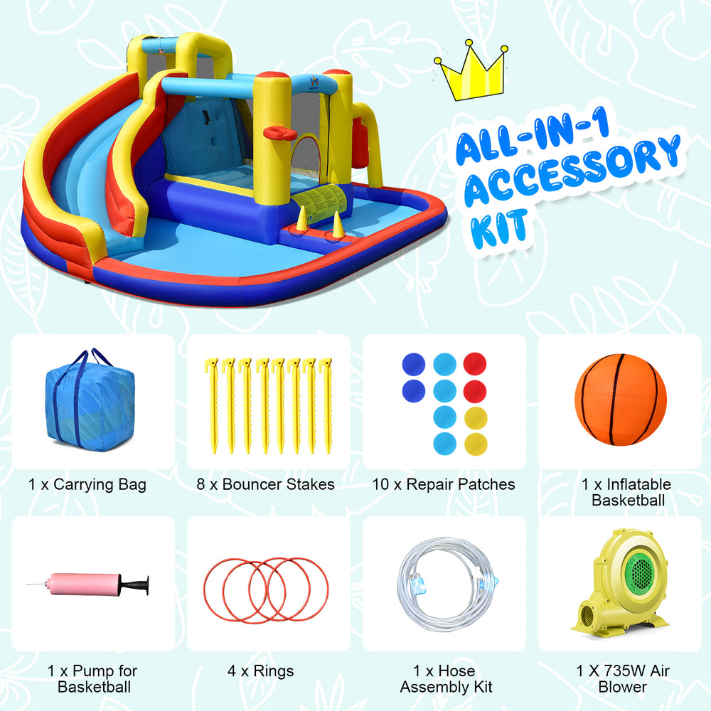 7-in-1 inflatable water slide with climbing wall, splash pool, and basketball hoop, made of durable oxford fabric.