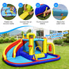7-in-1 inflatable water slide with splash pool, climbing wall, and safety features for outdoor fun with friends.