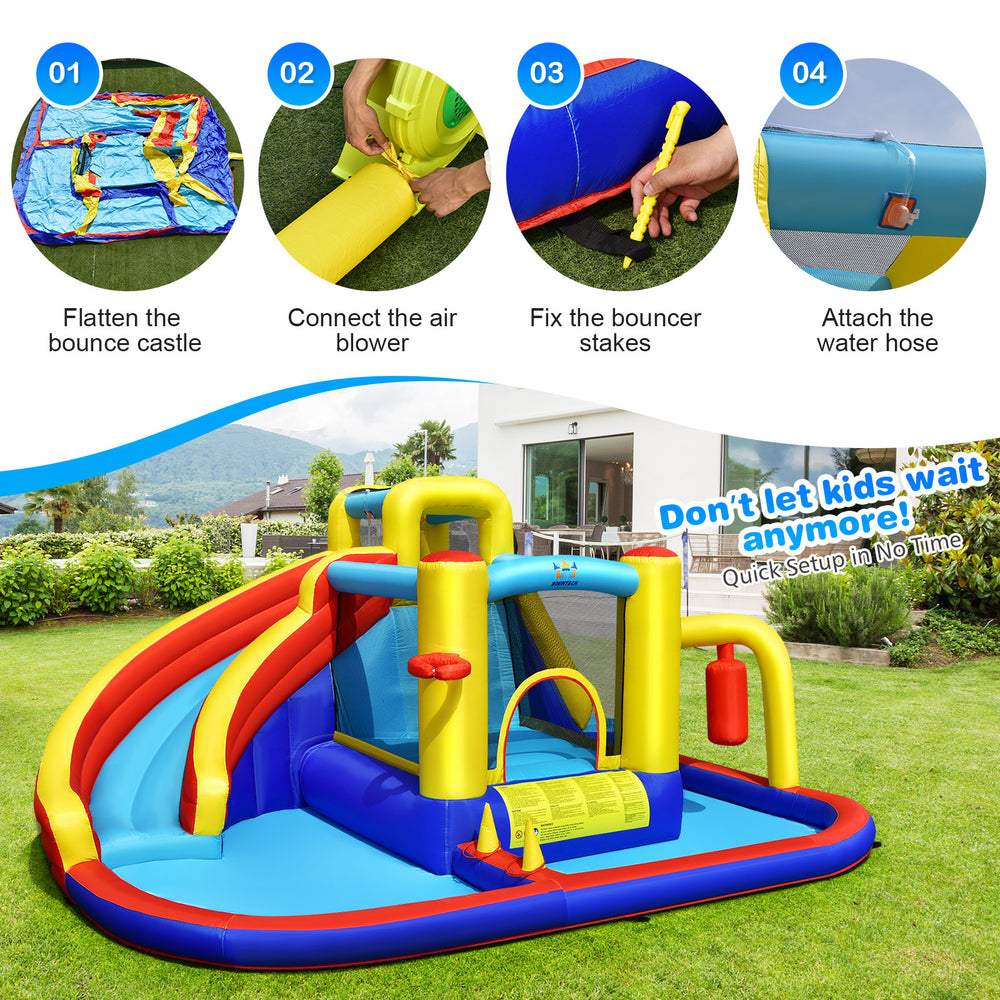 7-in-1 inflatable water slide with splash pool, climbing wall, and safety features for outdoor fun with friends.