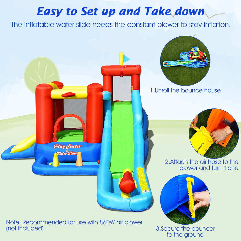 9-in-1 inflatable kids water slide bounce house with splash pool, climbing area, and mesh walls for safety. Ideal for.
