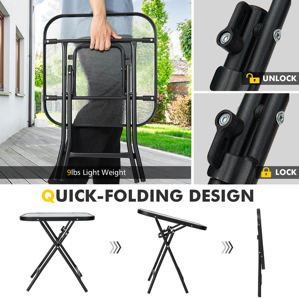 Folding 18-inch square patio bistro table with rustproof frame and tempered glass top, perfect for outdoor use.