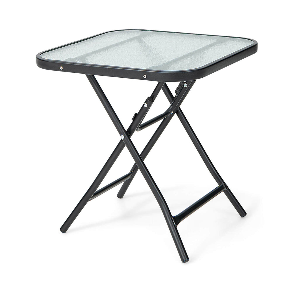 18-inch square patio bistro table with rustproof steel frame and tempered glass top, perfect for outdoor use.