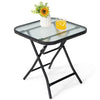 Square 18-inch patio bistro table with rustproof frame and tempered glass top, perfect for outdoor use and easy to fold.