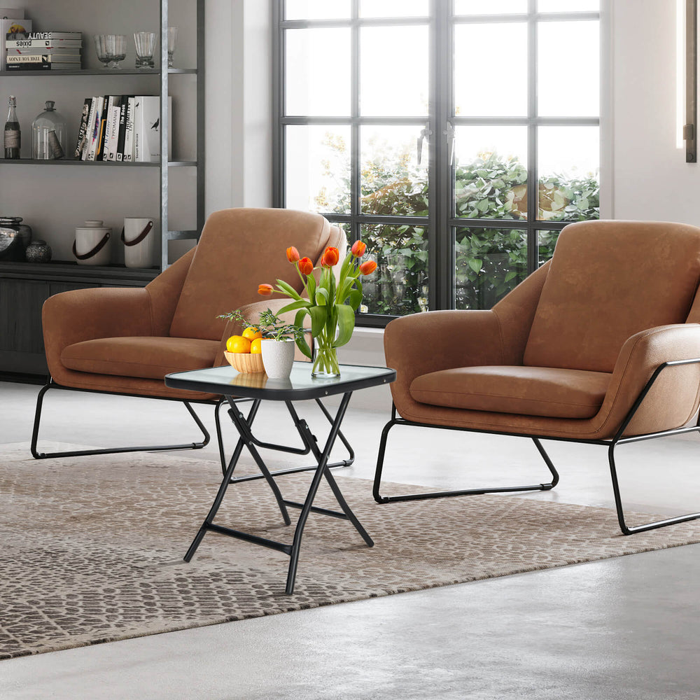 Square patio bistro table with a rustproof frame and tempered glass top, perfect for outdoor use on balconies or.