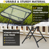 Square 18-inch patio bistro table with a tempered glass top and rustproof steel frame, perfect for outdoor use.