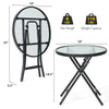 Round patio side table with tempered glass tabletop, rustproof steel frame, and folding design for outdoor use.