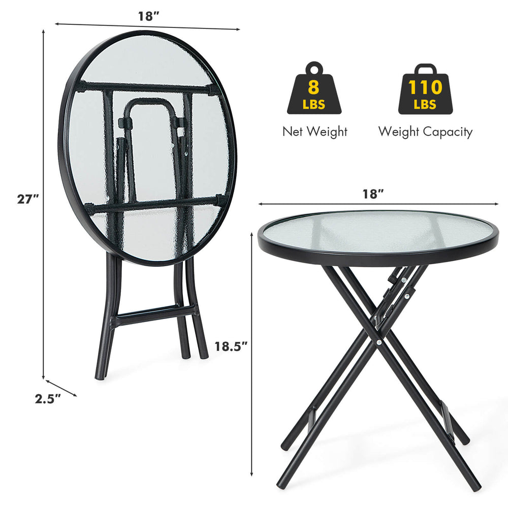 Round patio side table with tempered glass tabletop, rustproof steel frame, and folding design for outdoor use.